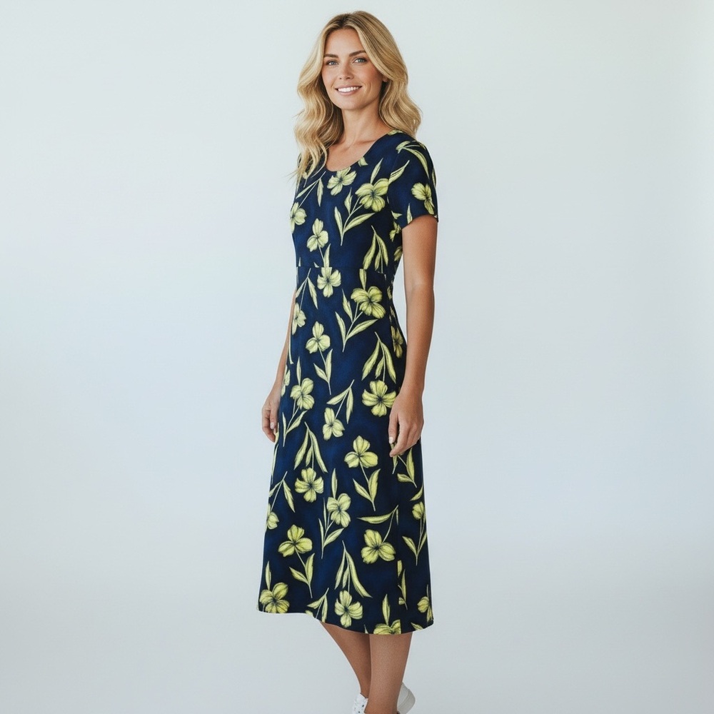 Norton McNaughton dress size large navy blue and green 100% rayon short sleeve